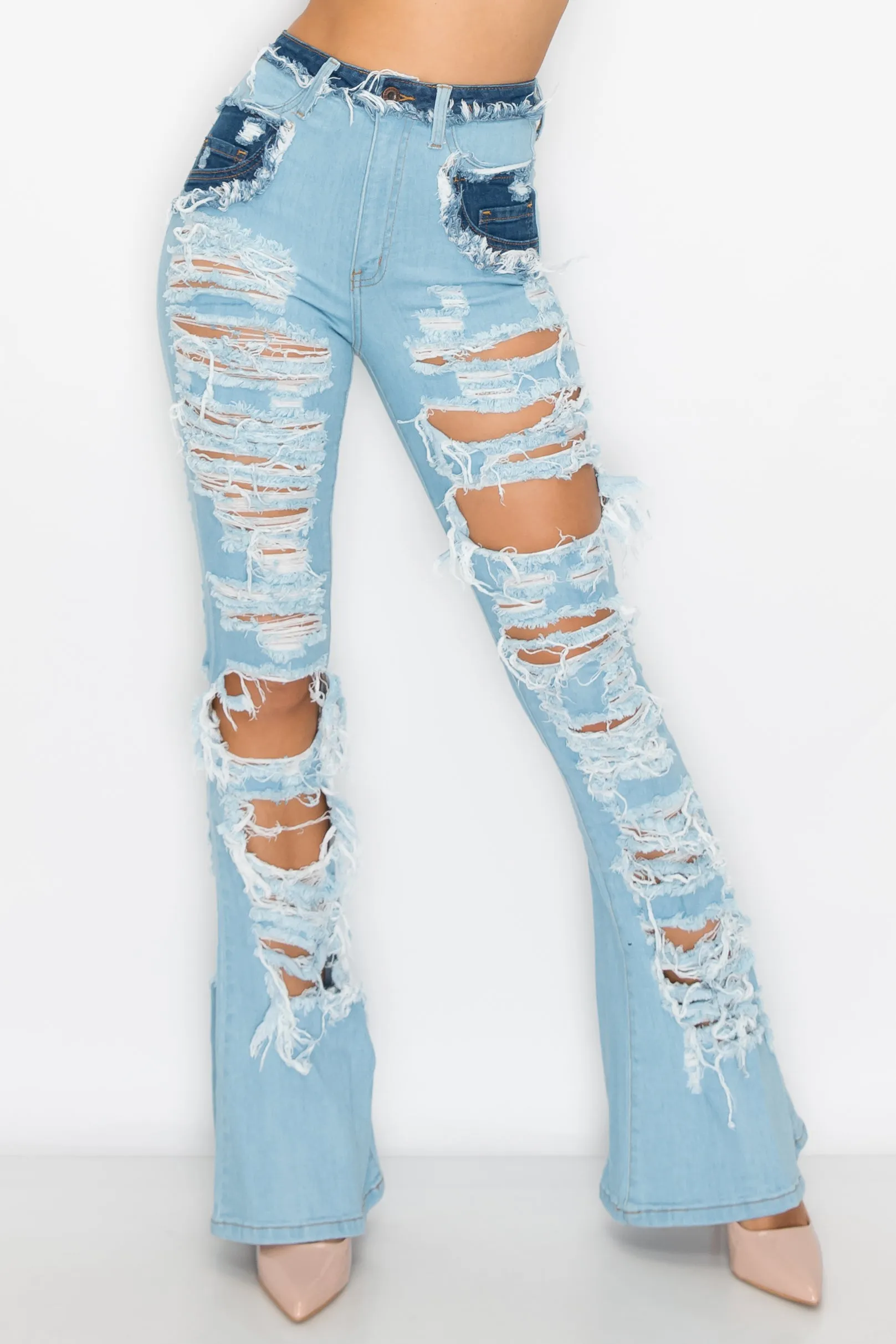 2113 Women's High Waisted Distressed Flare Jeans with Cut Outs