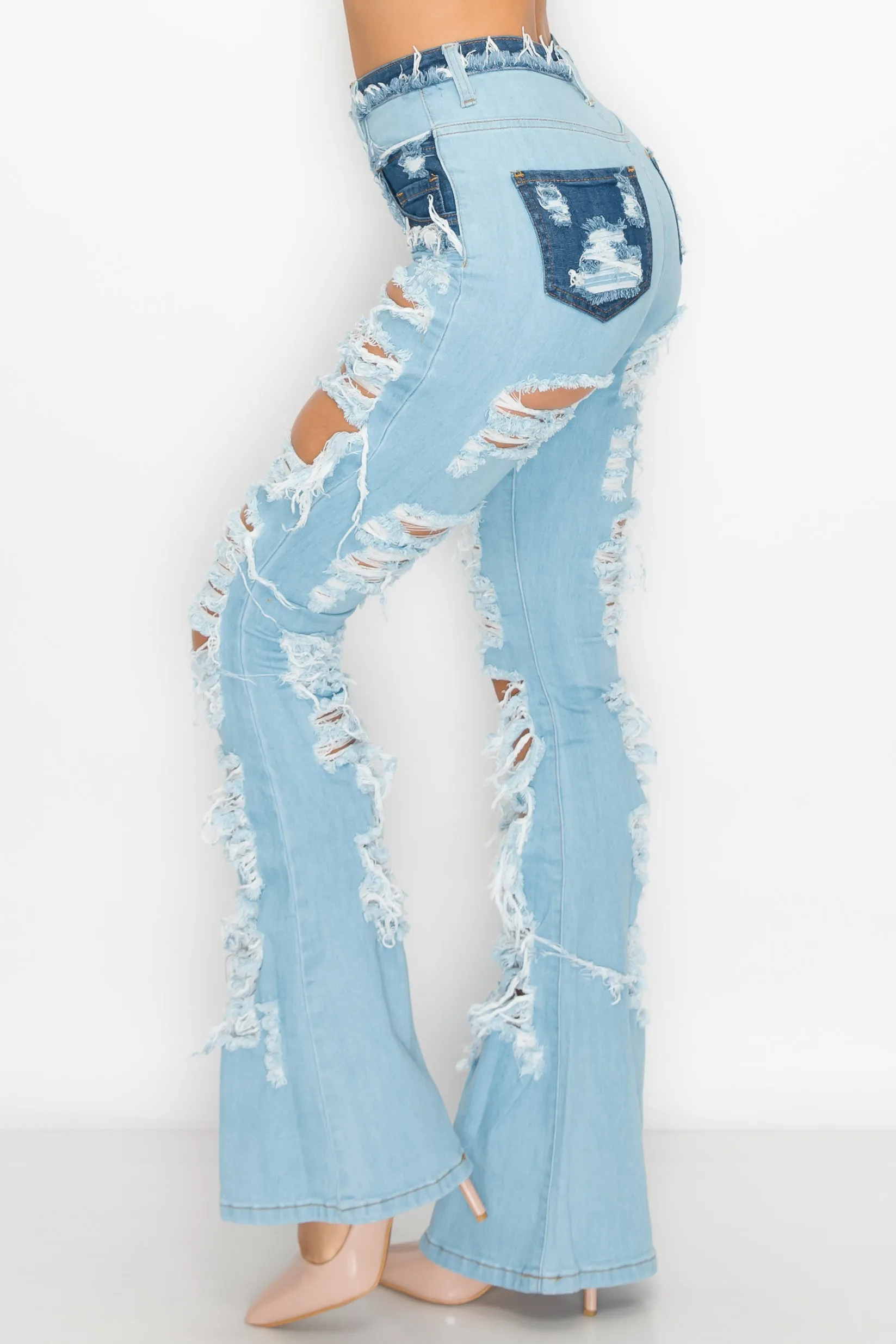 2113 Women's High Waisted Distressed Flare Jeans with Cut Outs