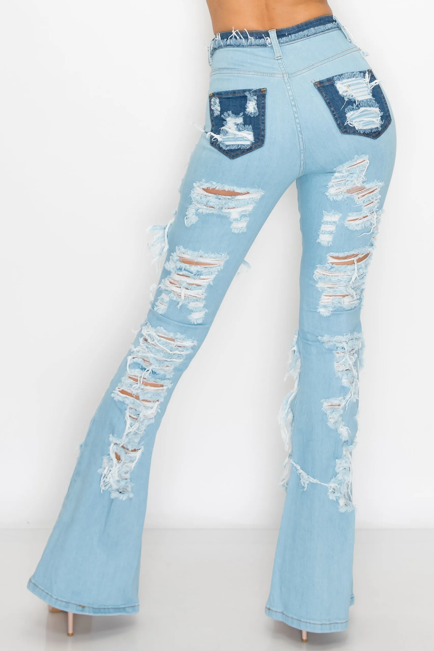 2113 Women's High Waisted Distressed Flare Jeans with Cut Outs