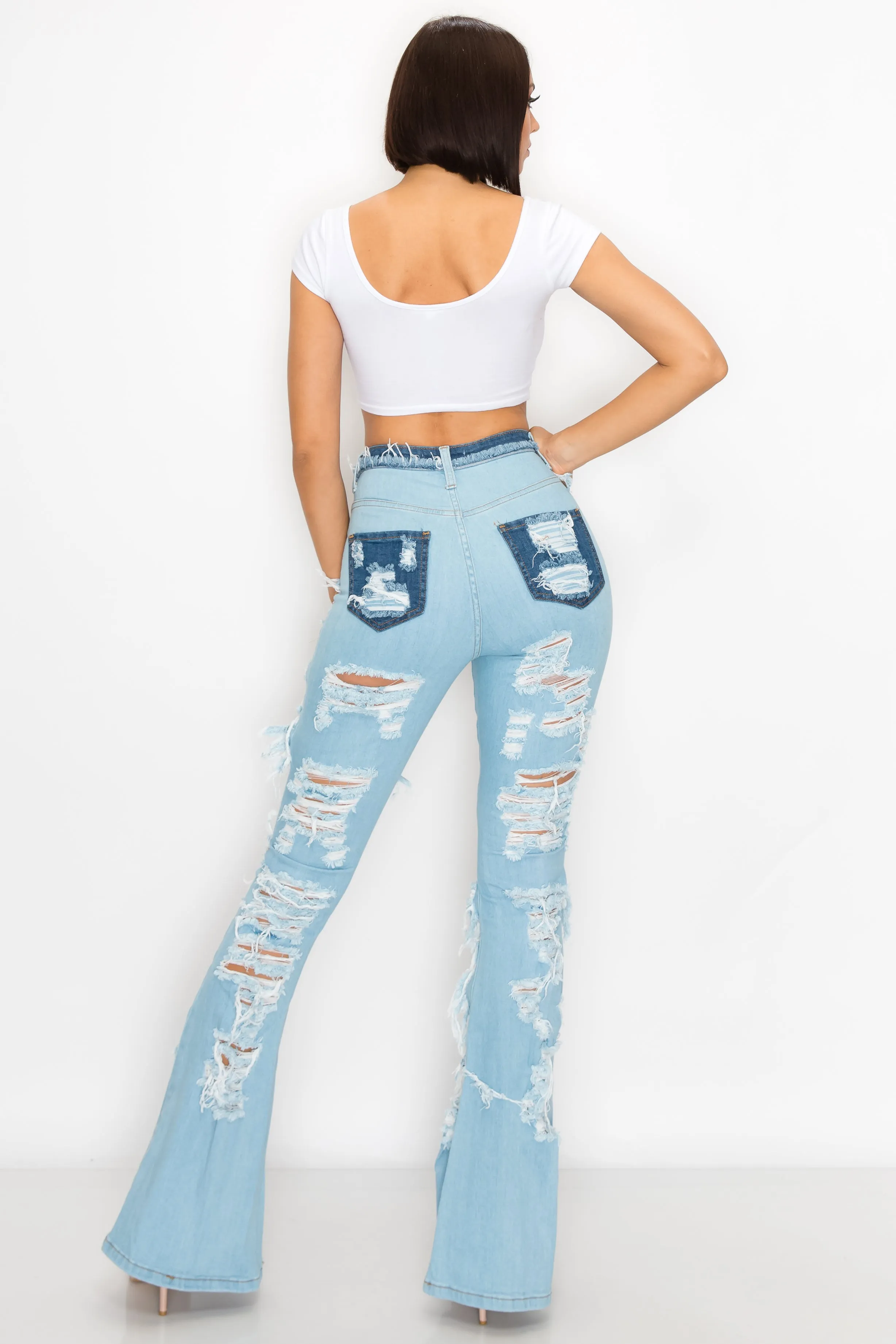 2113 Women's High Waisted Distressed Flare Jeans with Cut Outs