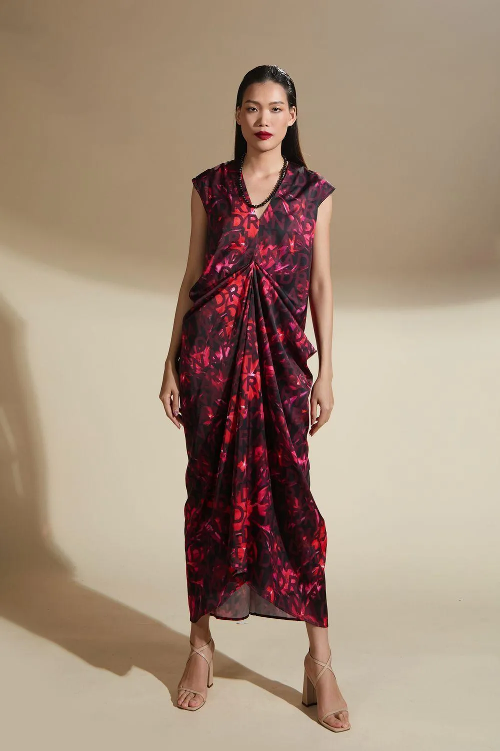 Adelynn Straight Draped Latin Silk Midi Dress