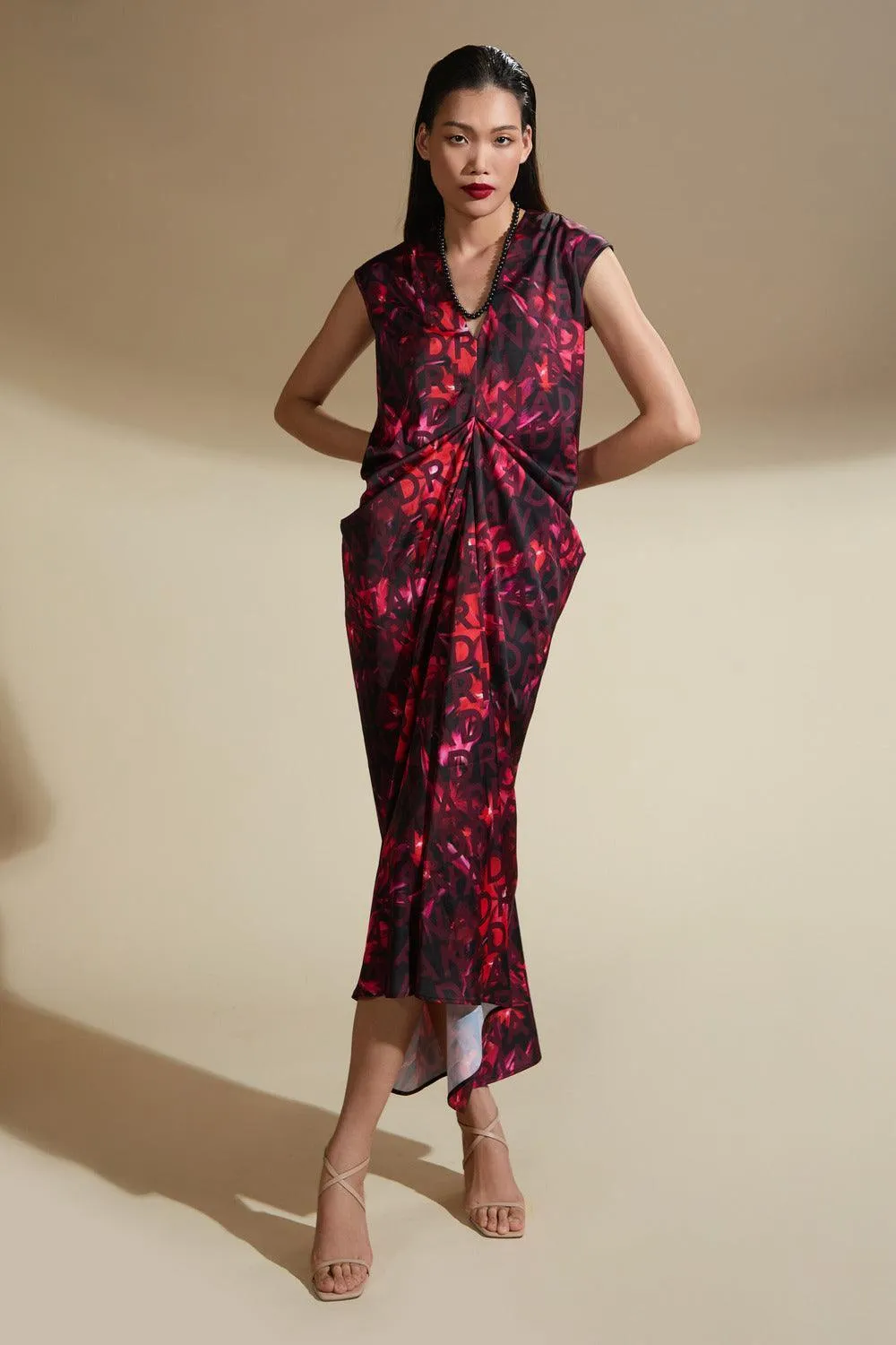 Adelynn Straight Draped Latin Silk Midi Dress