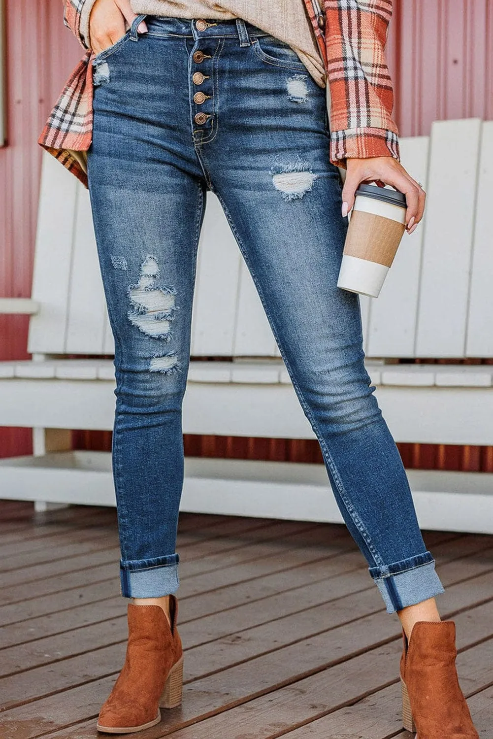 Blue Acid Washed High Rise Skinny Jeans with Distressed Details