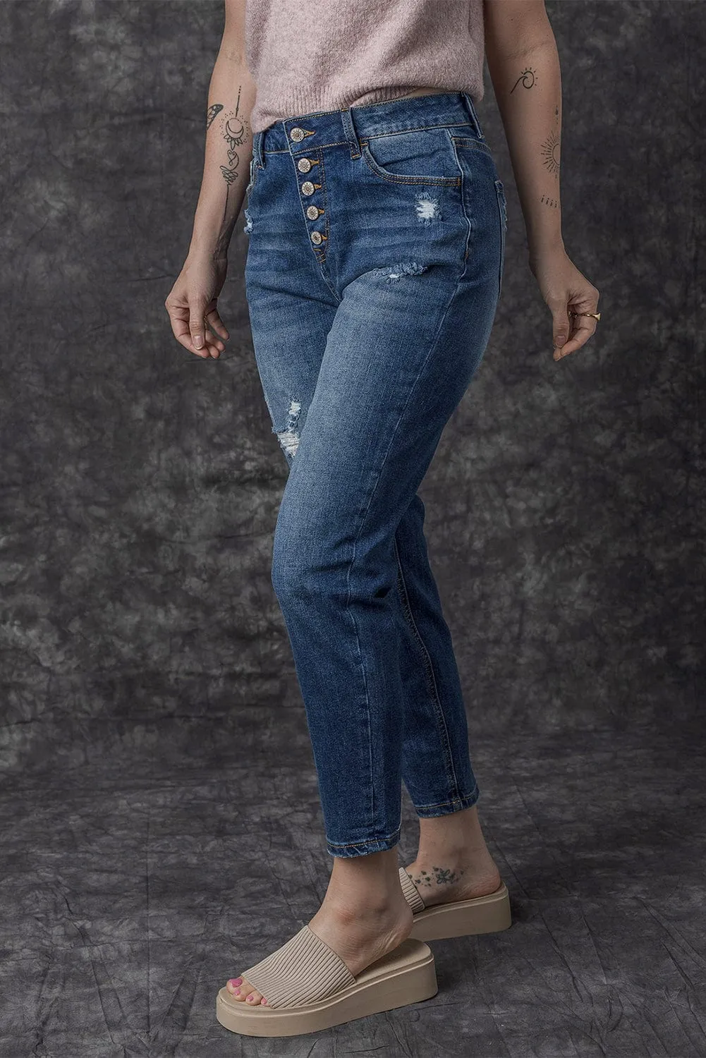 Blue Acid Washed High Rise Skinny Jeans with Distressed Details
