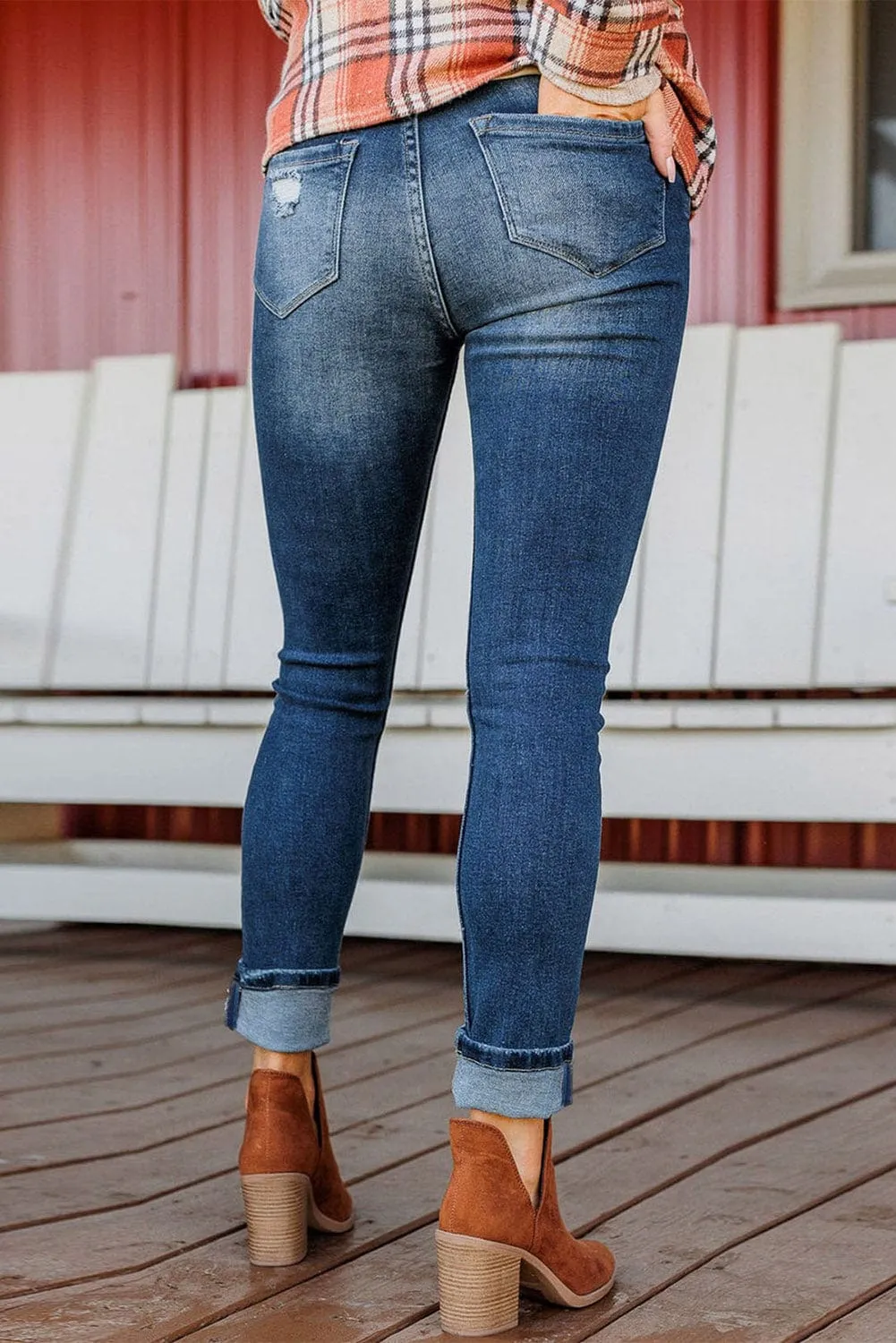 Blue Acid Washed High Rise Skinny Jeans with Distressed Details