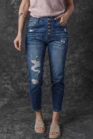 Blue Acid Washed High Rise Skinny Jeans with Distressed Details