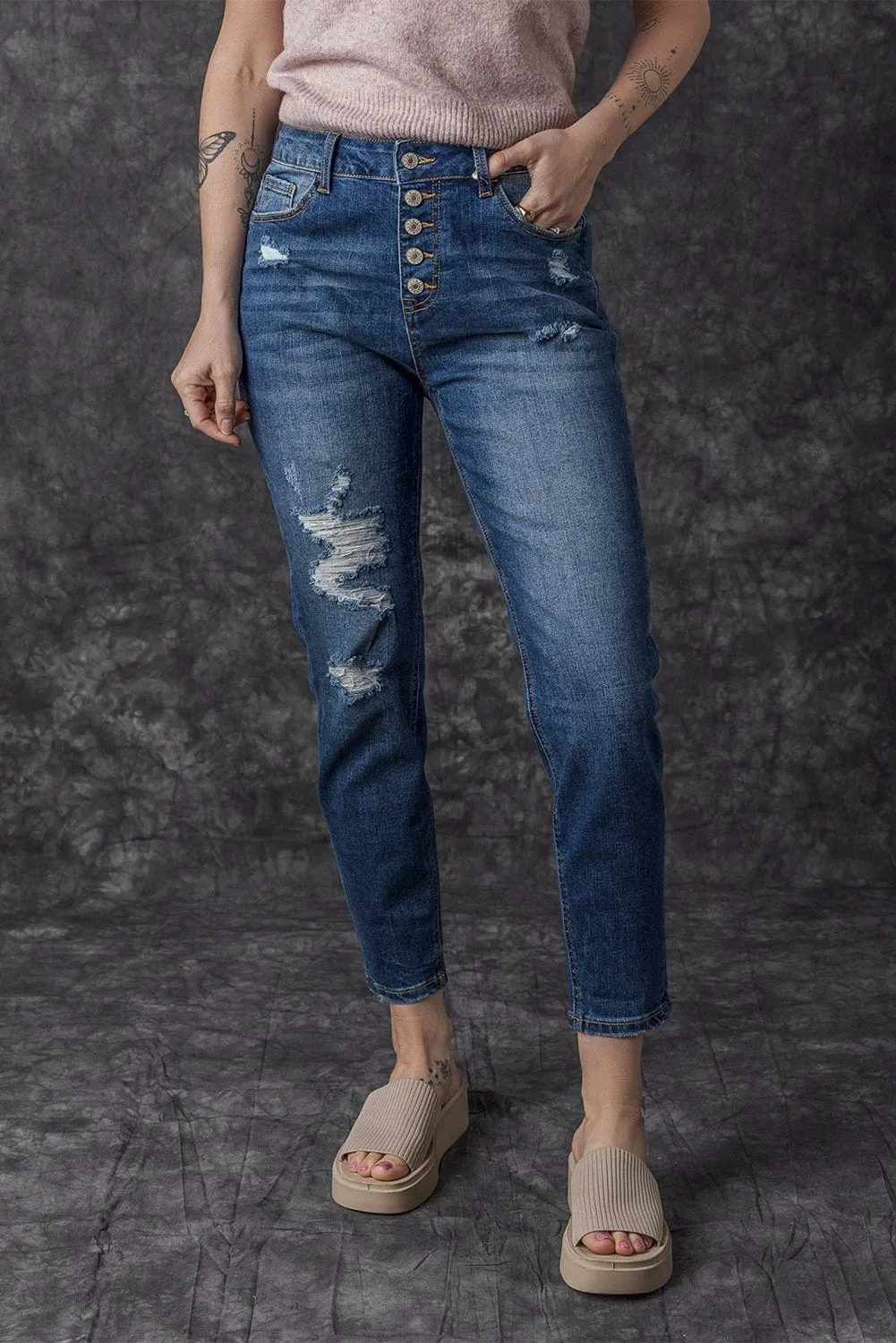 Blue Acid Washed High Rise Skinny Jeans with Distressed Details