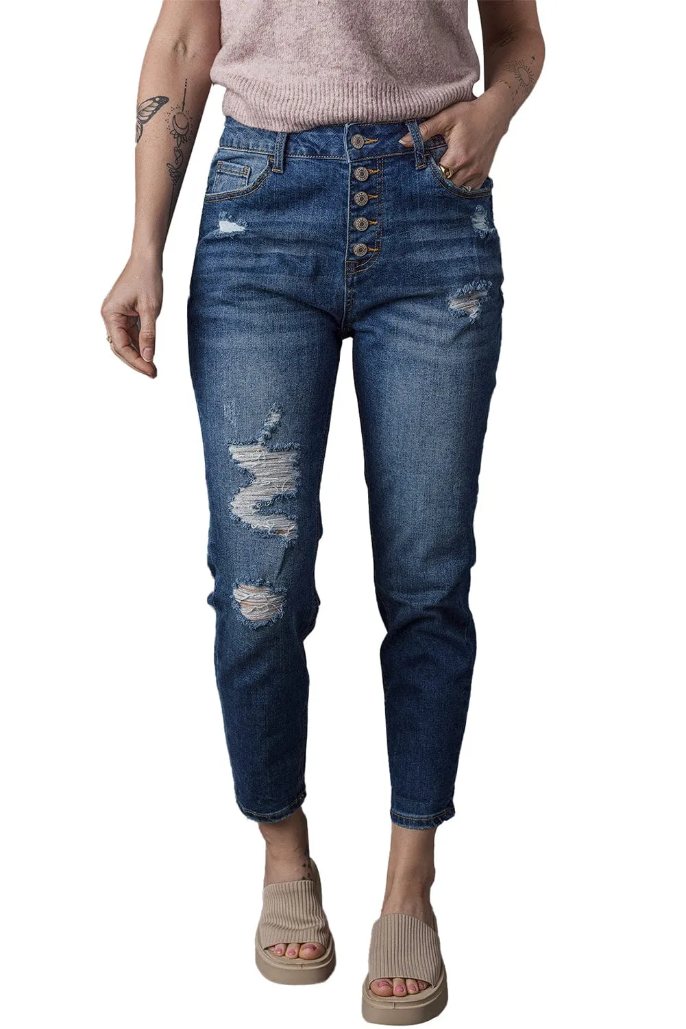 Blue Acid Washed High Rise Skinny Jeans with Distressed Details