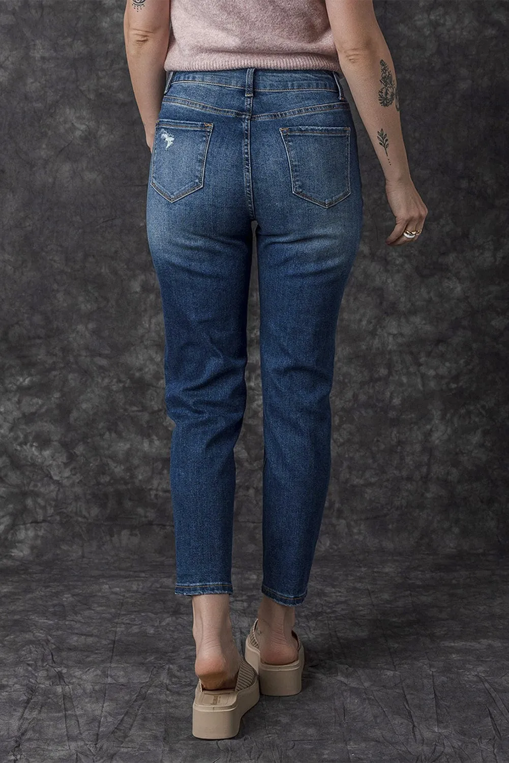 Blue Acid Washed High Rise Skinny Jeans with Distressed Details