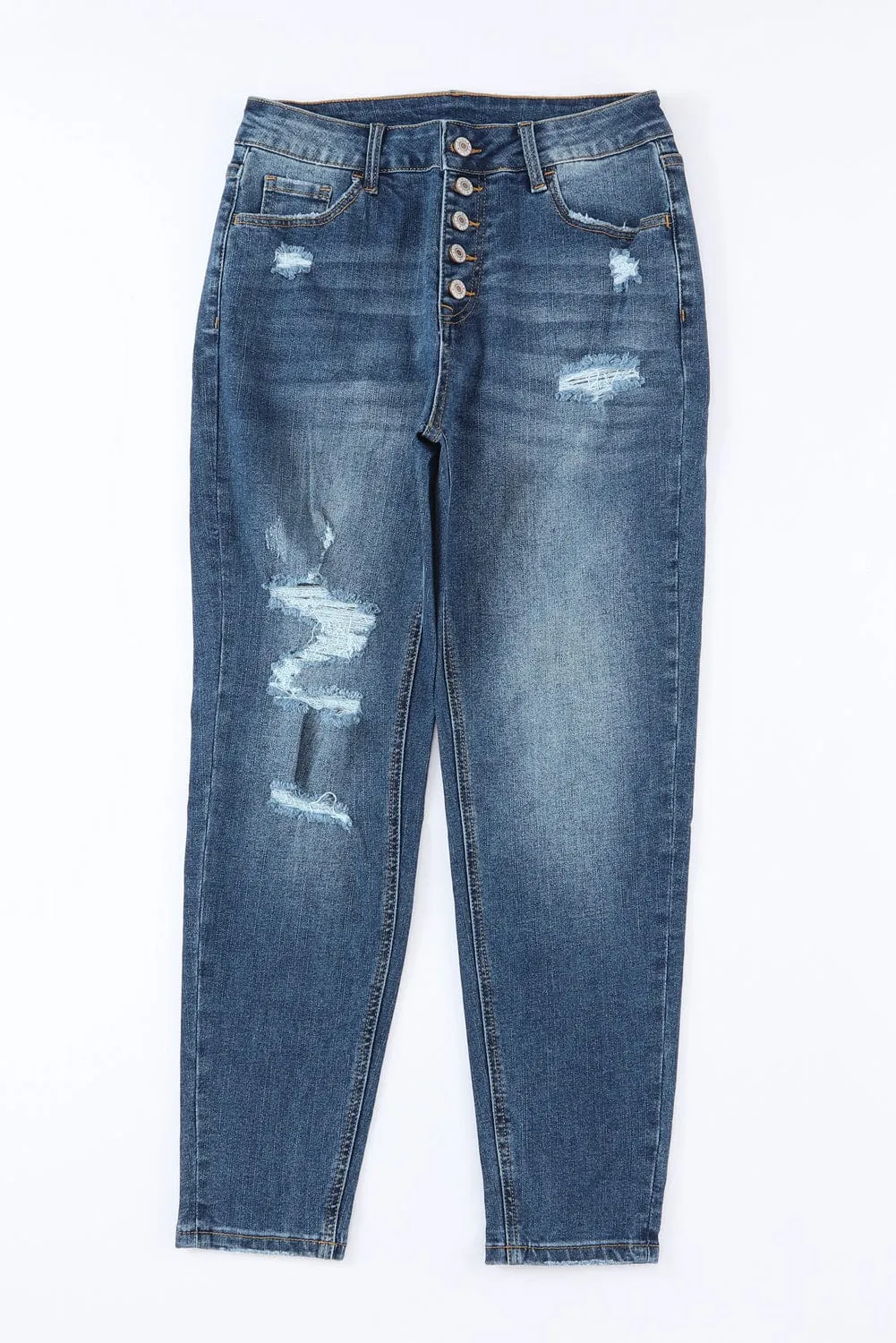 Blue Acid Washed High Rise Skinny Jeans with Distressed Details