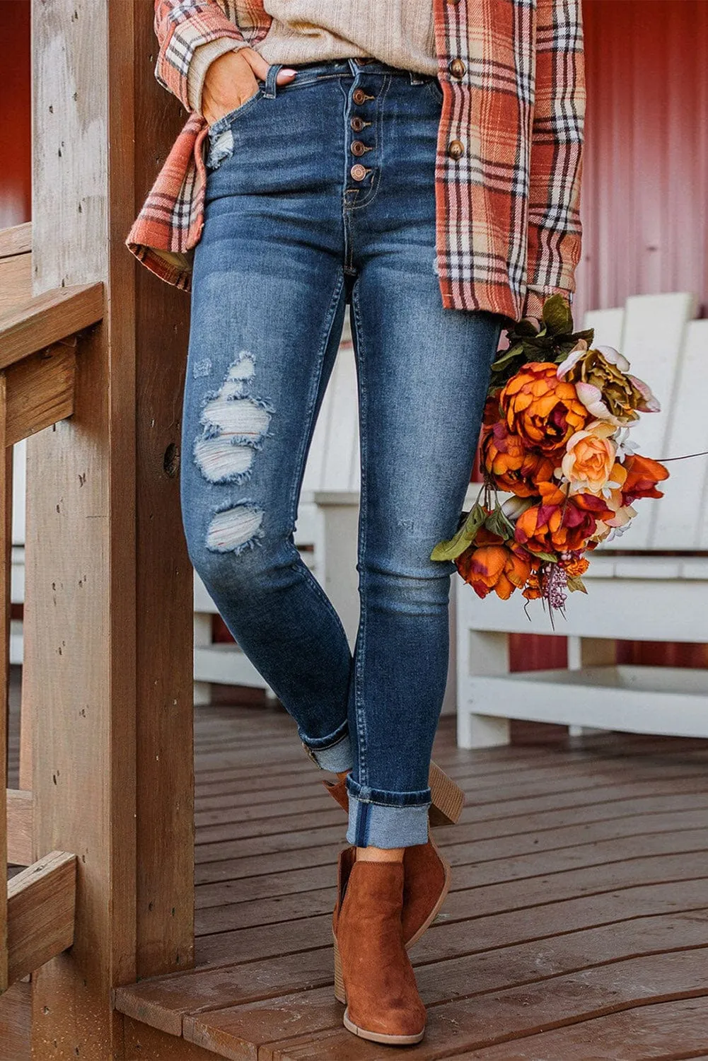 Blue Acid Washed High Rise Skinny Jeans with Distressed Details
