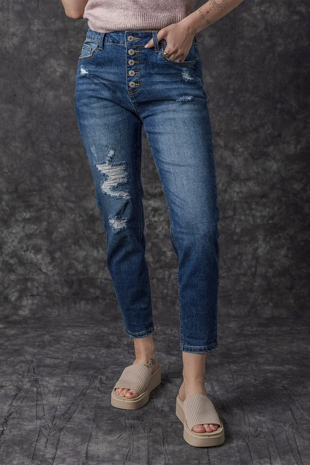 Blue Acid Washed High Rise Skinny Jeans with Distressed Details