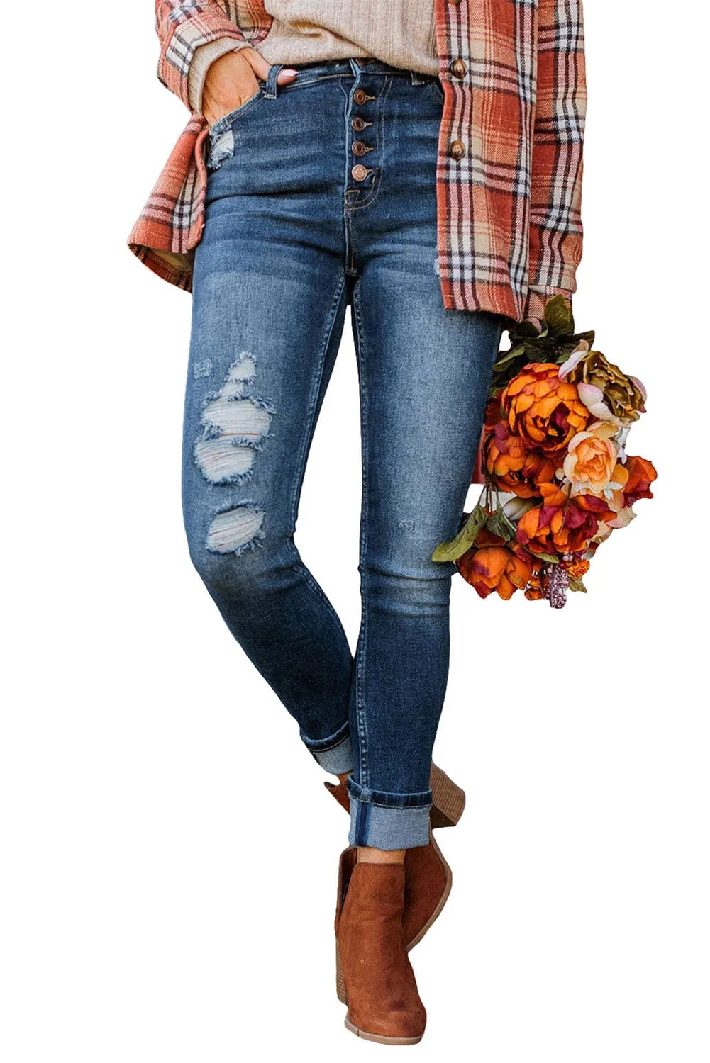 Blue Acid Washed High Rise Skinny Jeans with Distressed Details