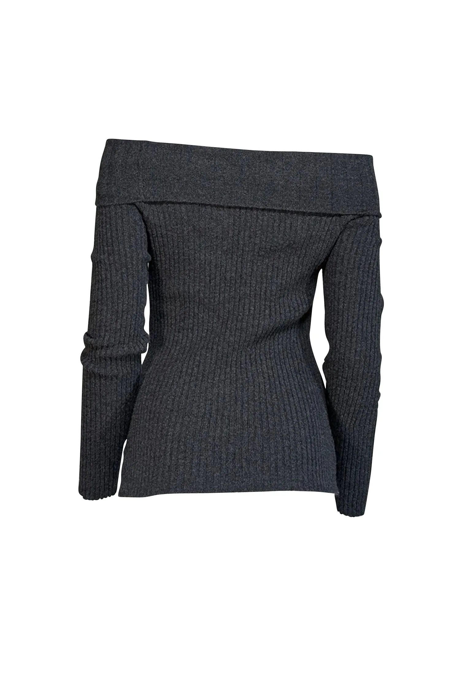 Blumarine - Dark Grey Ribbed Cashmere Off-the-Shoulder Sweater Sz 6