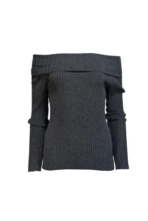 Blumarine - Dark Grey Ribbed Cashmere Off-the-Shoulder Sweater Sz 6