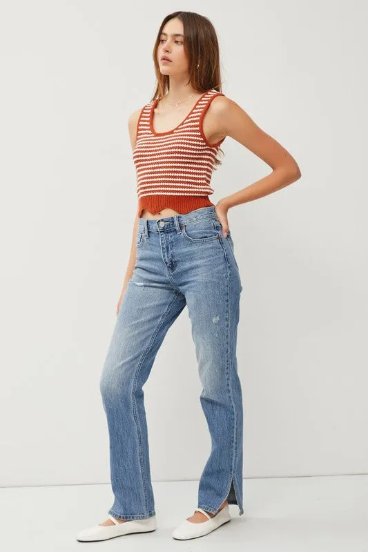 Brick Striped Scalloped Hem Chunky Knit Sweater Tank