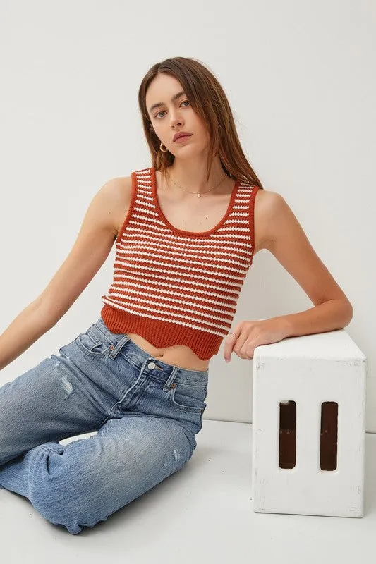 Brick Striped Scalloped Hem Chunky Knit Sweater Tank