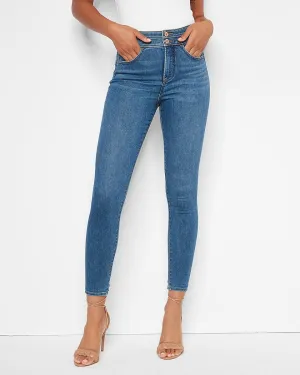 Conscious Edit High Waisted Medium Wash Double Button Skinny Jeans in Medium Wash