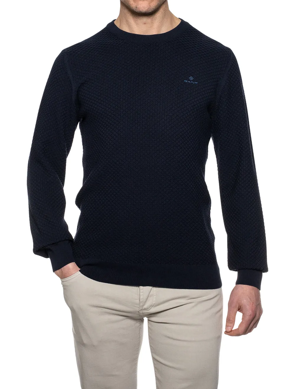 Cotton Texture Crew Neck Sweater Evening Blue