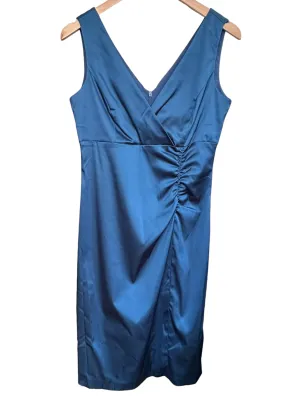 Dark Autumn Peacock Blue Satin Double V-Neck Midi Dress