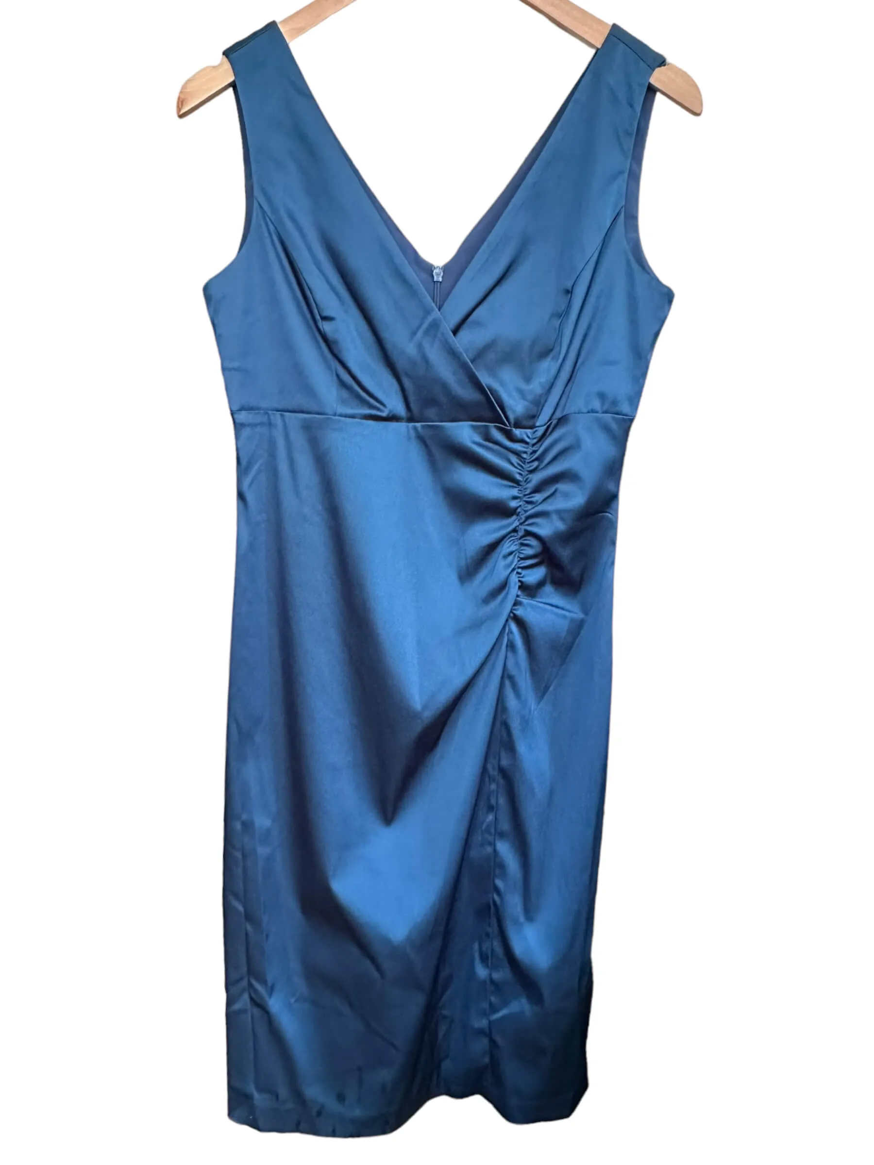 Dark Autumn Peacock Blue Satin Double V-Neck Midi Dress