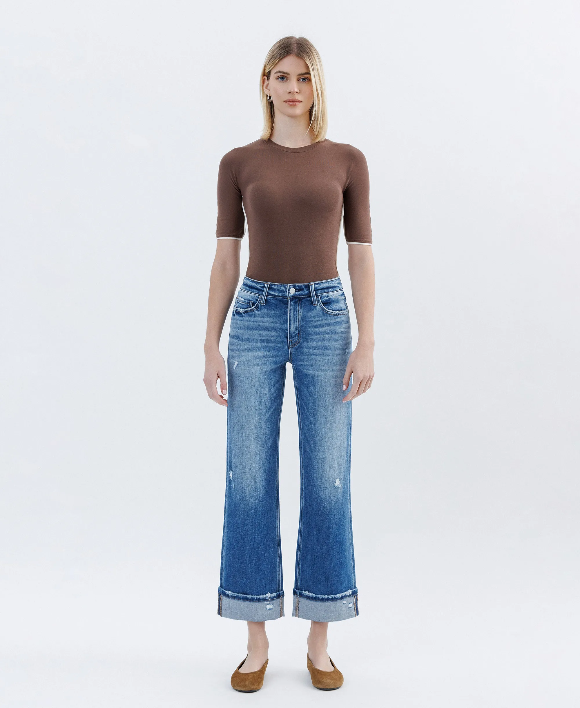 Dark Stone - High Rise Cuffed Slim Wide Leg Jeans