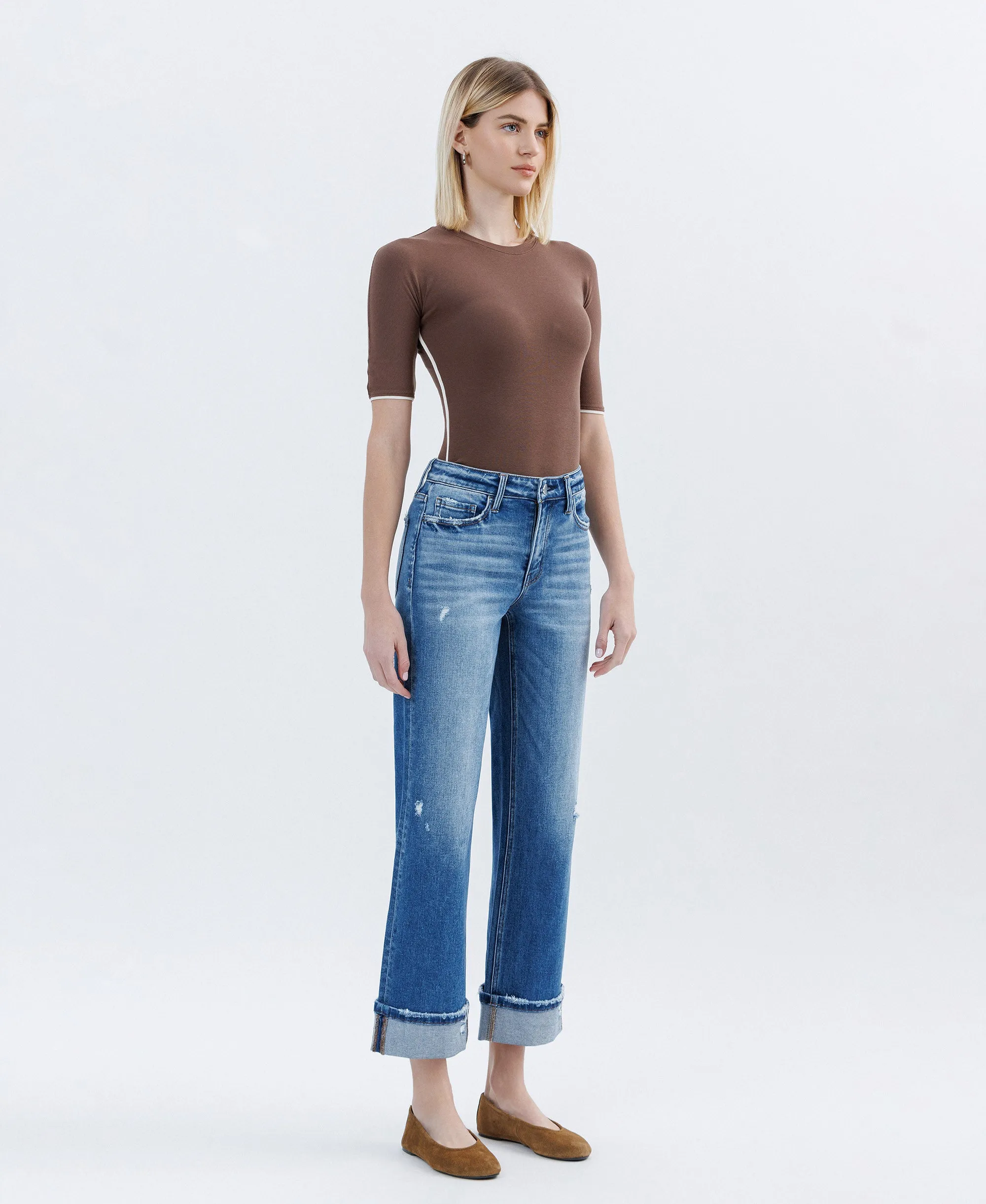 Dark Stone - High Rise Cuffed Slim Wide Leg Jeans