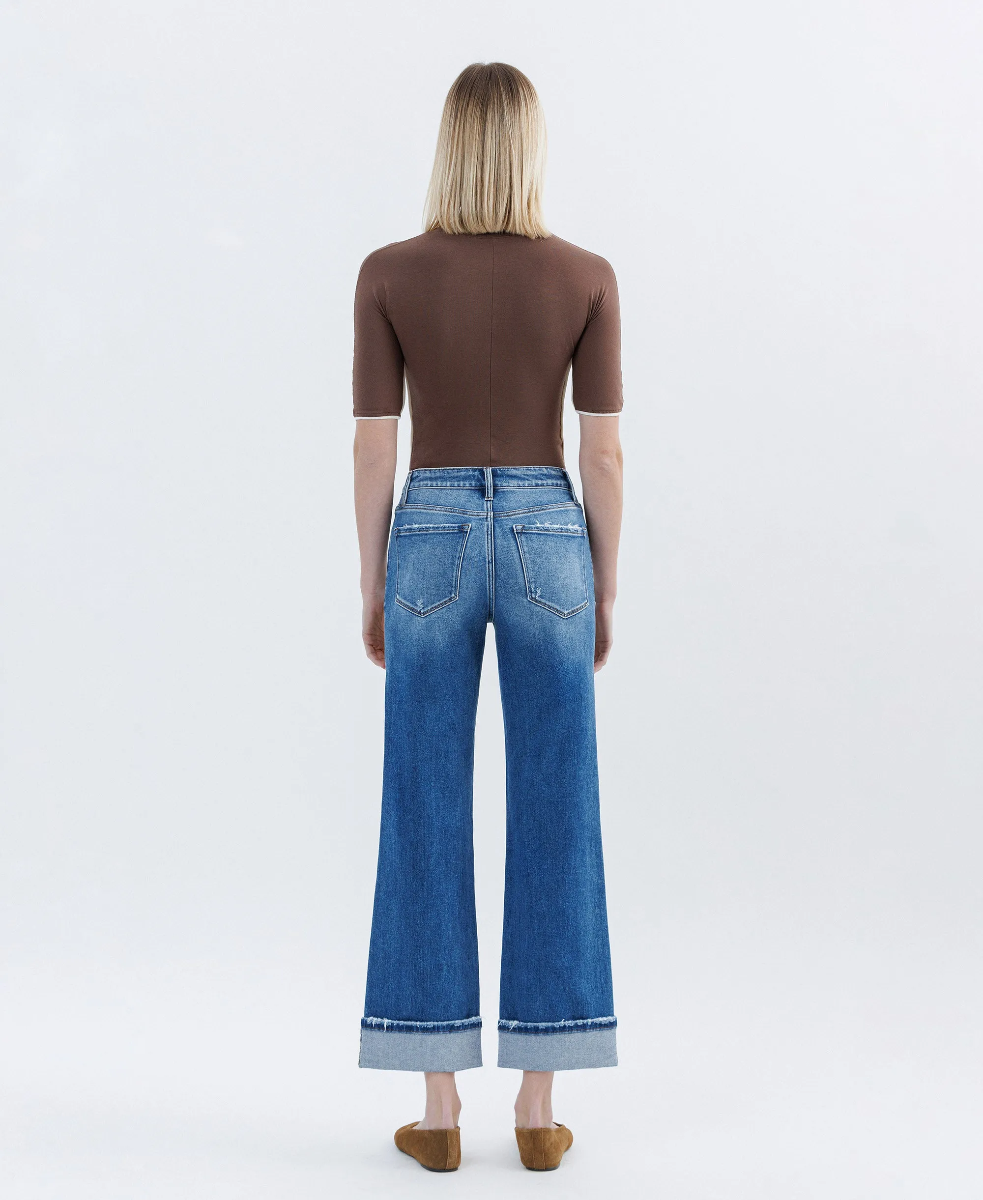 Dark Stone - High Rise Cuffed Slim Wide Leg Jeans