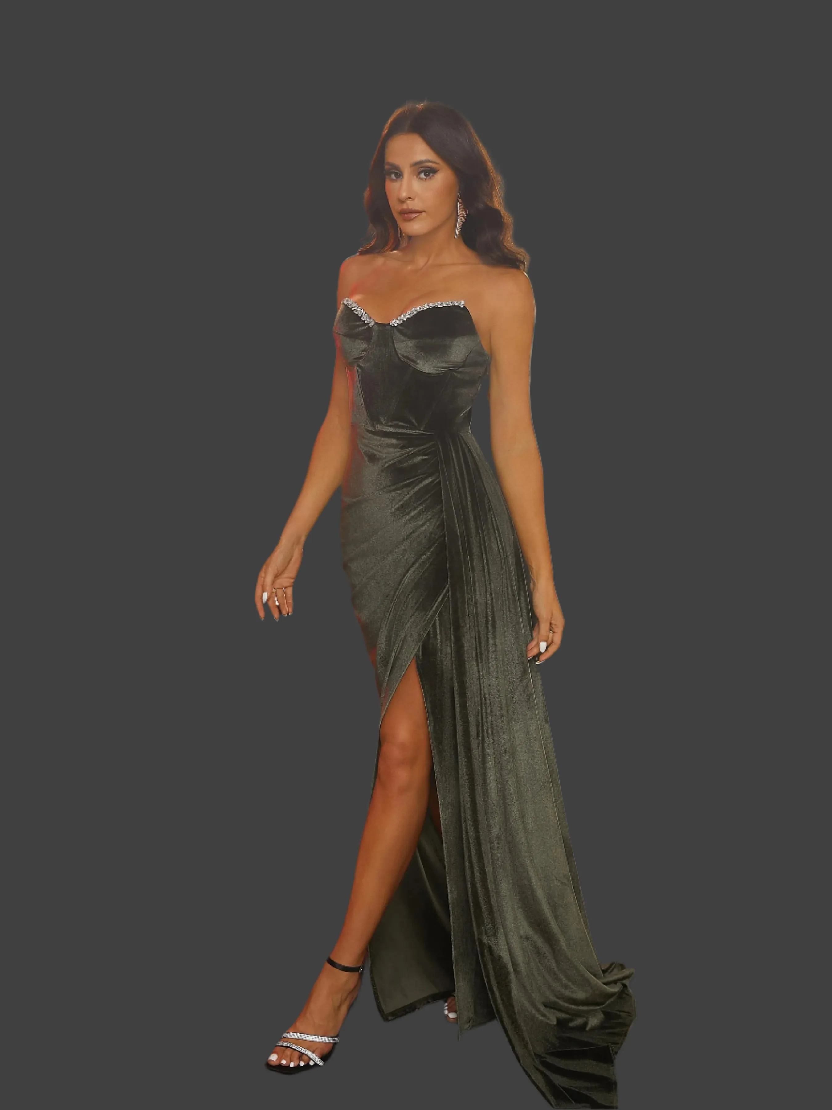 Draped Strapless Pleated Corset Green Velvet Prom Maxi Dress