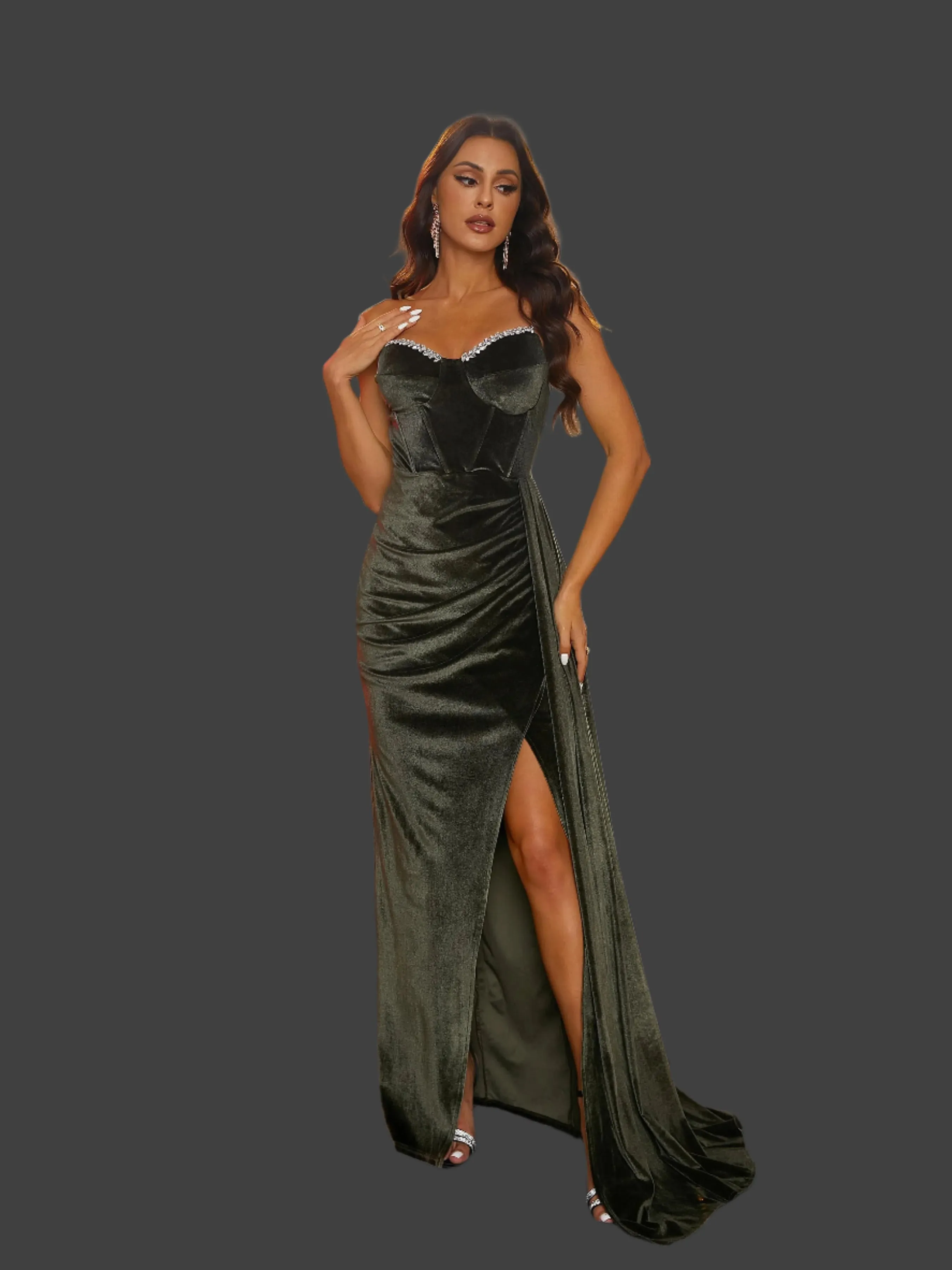 Draped Strapless Pleated Corset Green Velvet Prom Maxi Dress