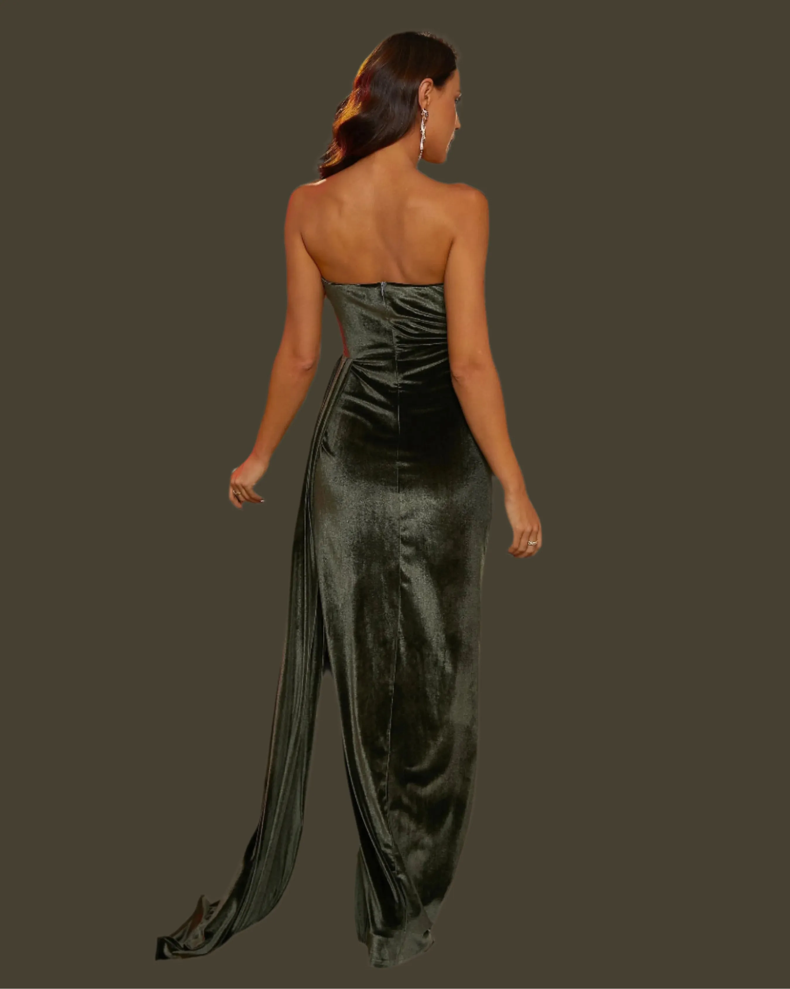 Draped Strapless Pleated Corset Green Velvet Prom Maxi Dress