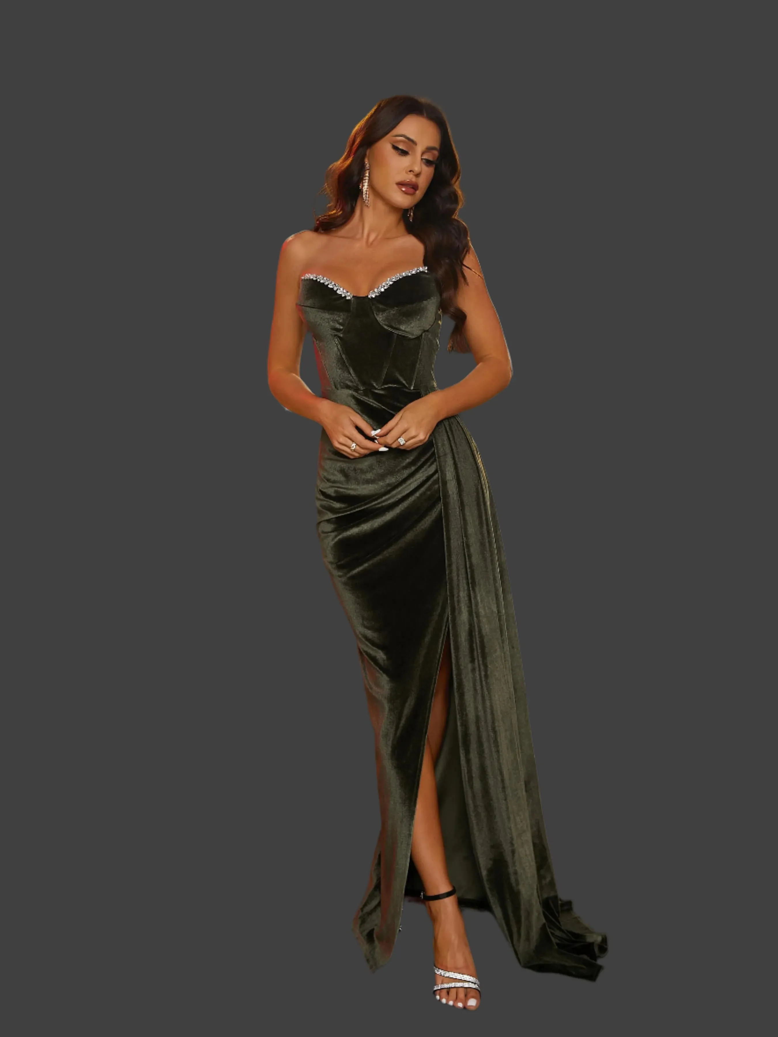 Draped Strapless Pleated Corset Green Velvet Prom Maxi Dress