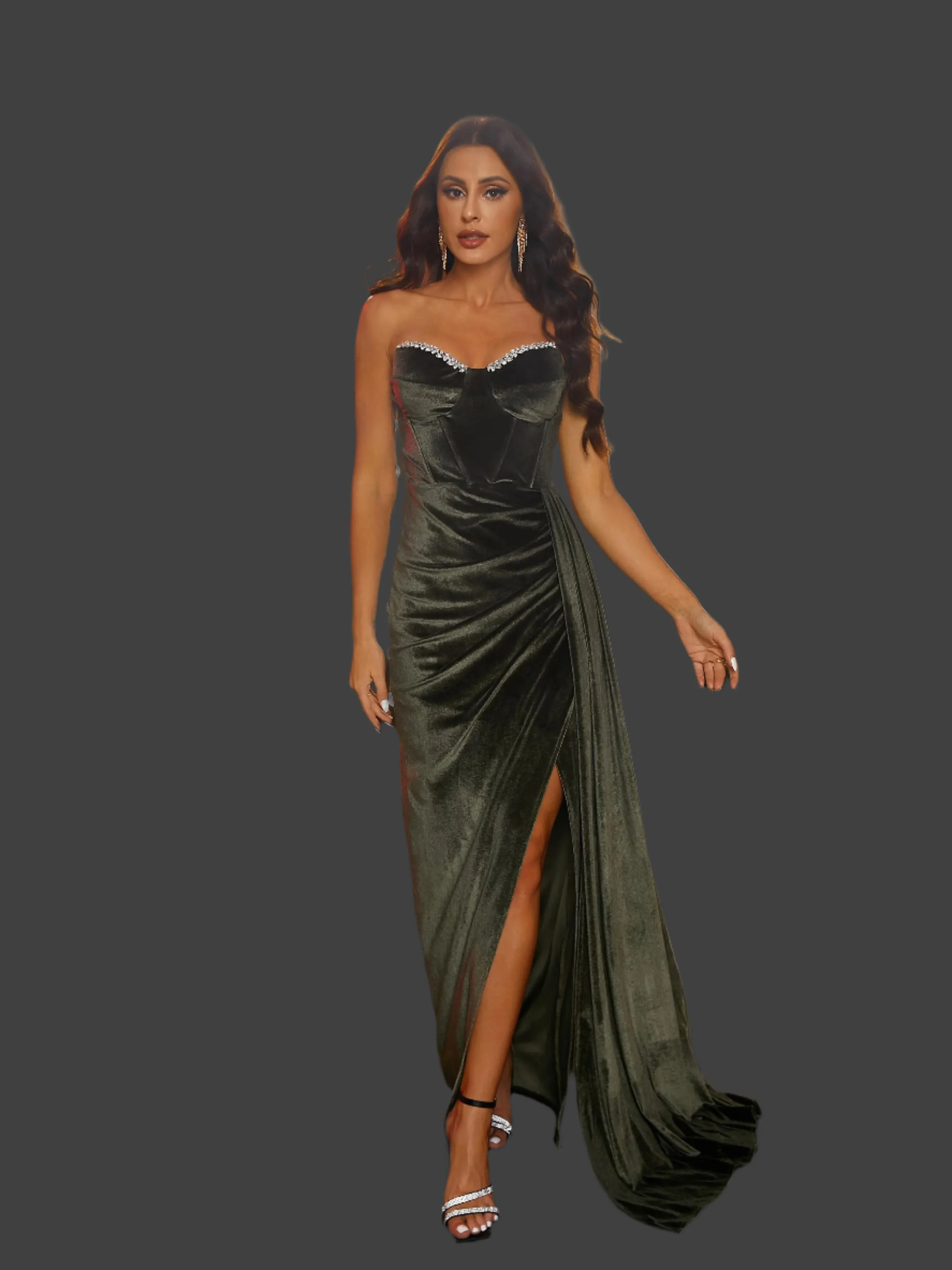 Draped Strapless Pleated Corset Green Velvet Prom Maxi Dress