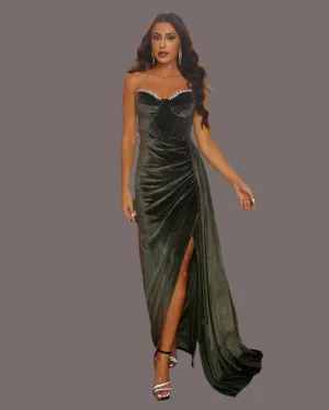 Draped Strapless Pleated Corset Green Velvet Prom Maxi Dress