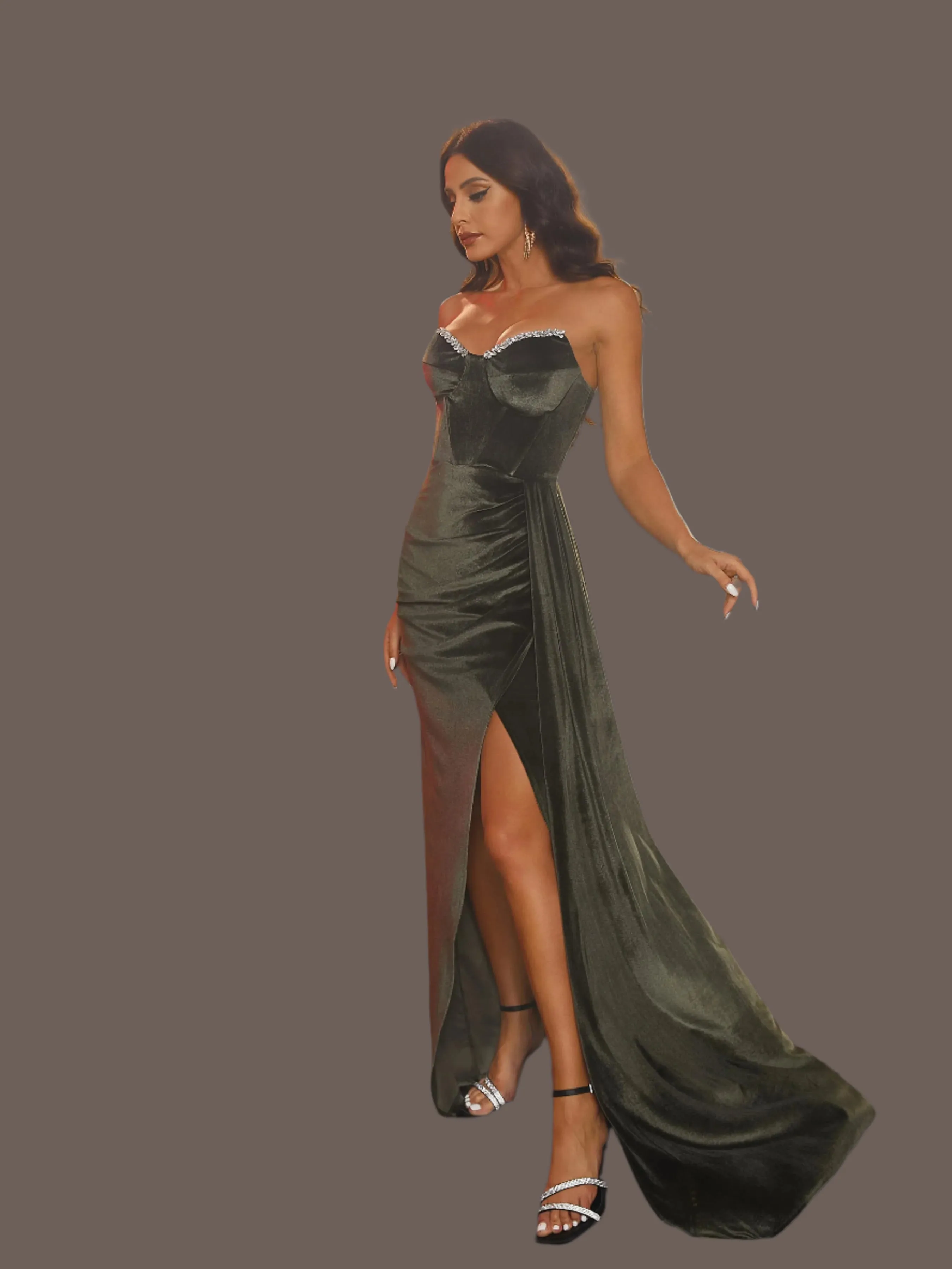 Draped Strapless Pleated Corset Green Velvet Prom Maxi Dress