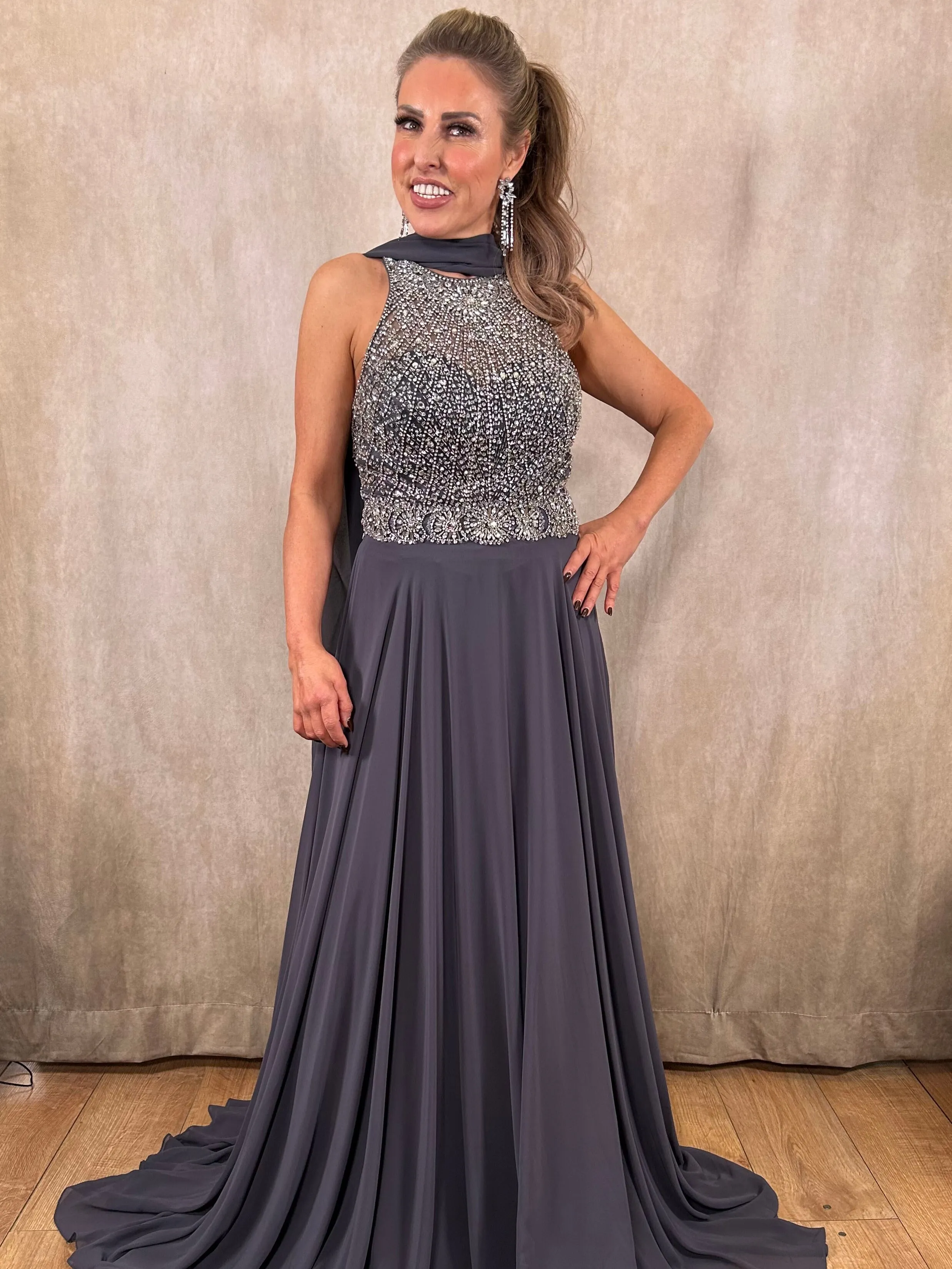 Dynasty Charcoal Grey and Diamante Dress