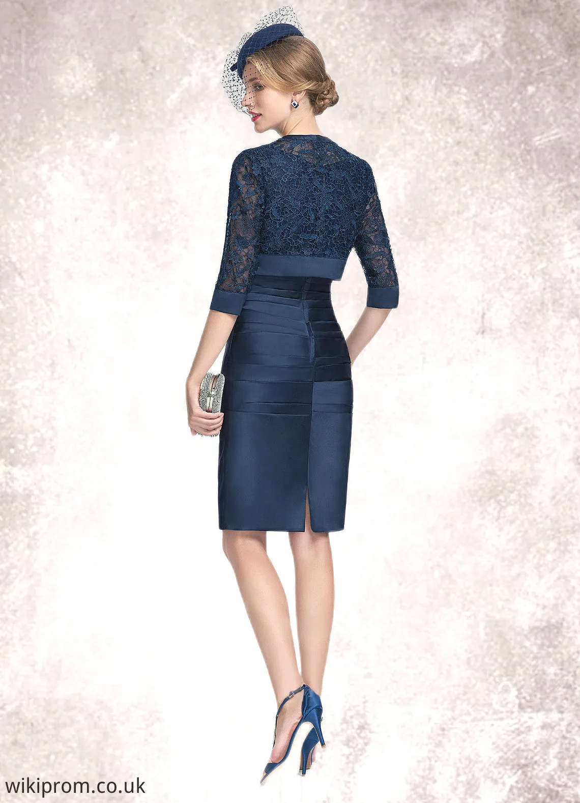 Elaine Sheath/Column Scoop Neck Knee-Length Satin Lace Mother of the Bride Dress With Ruffle SWK126P0014693