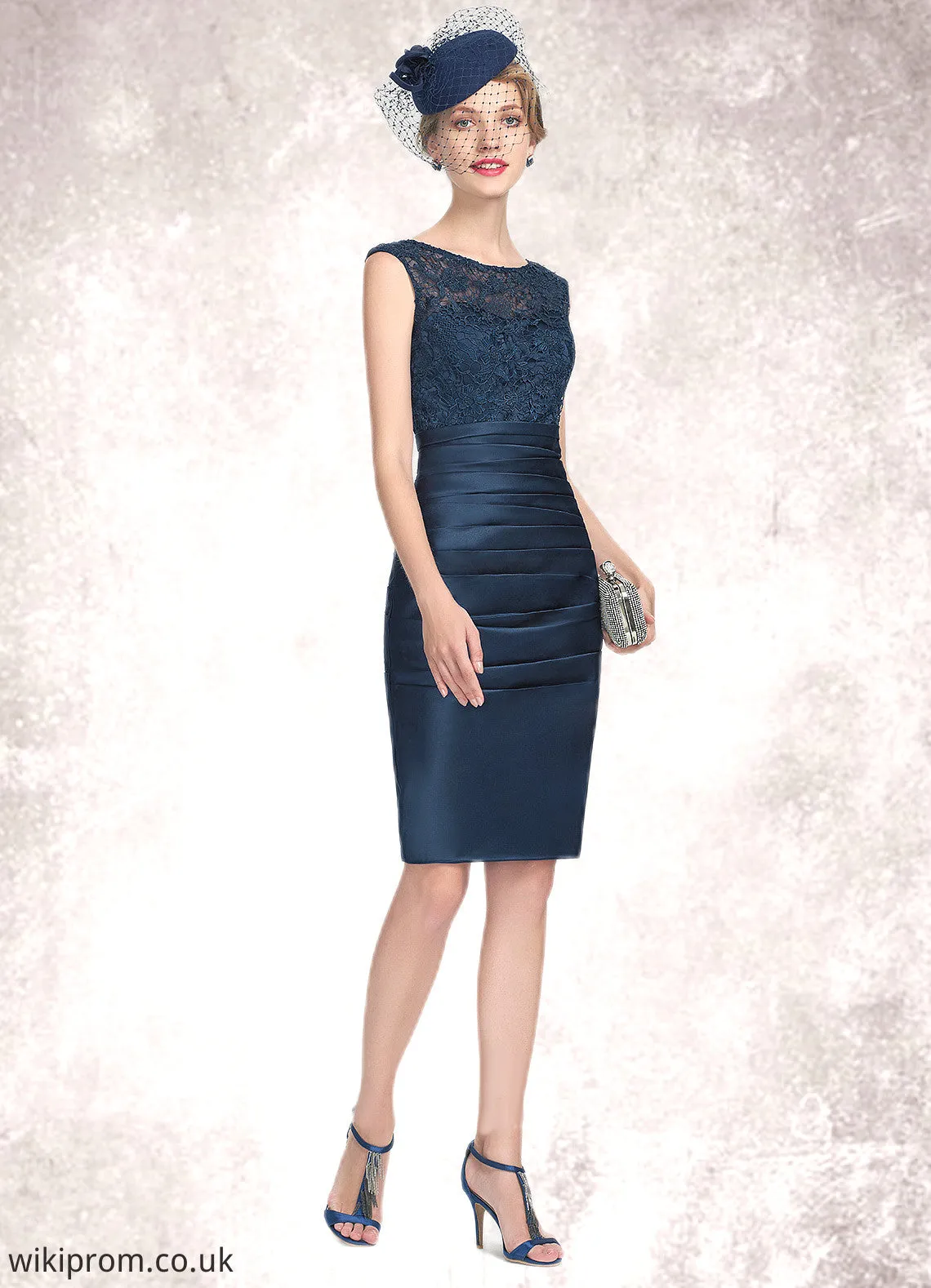Elaine Sheath/Column Scoop Neck Knee-Length Satin Lace Mother of the Bride Dress With Ruffle SWK126P0014693