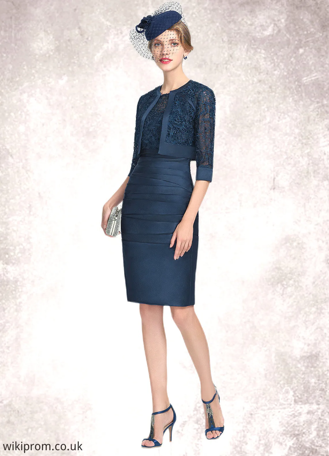 Elaine Sheath/Column Scoop Neck Knee-Length Satin Lace Mother of the Bride Dress With Ruffle SWK126P0014693