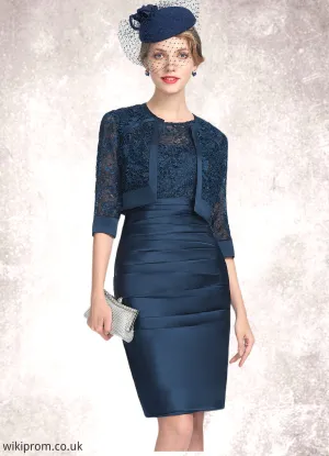 Elaine Sheath/Column Scoop Neck Knee-Length Satin Lace Mother of the Bride Dress With Ruffle SWK126P0014693
