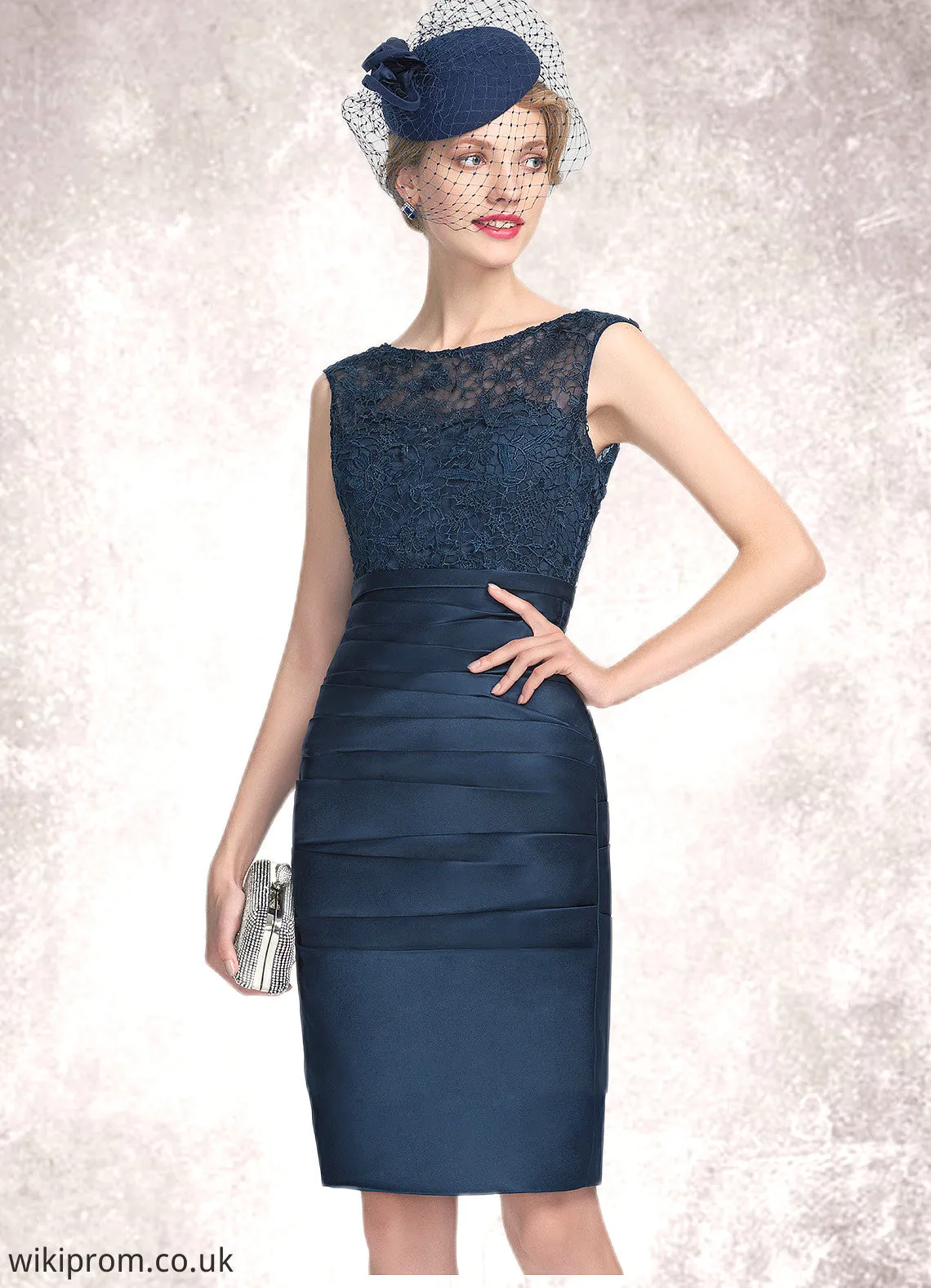 Elaine Sheath/Column Scoop Neck Knee-Length Satin Lace Mother of the Bride Dress With Ruffle SWK126P0014693