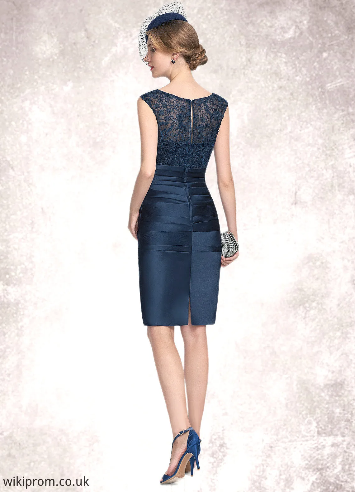 Elaine Sheath/Column Scoop Neck Knee-Length Satin Lace Mother of the Bride Dress With Ruffle SWK126P0014693