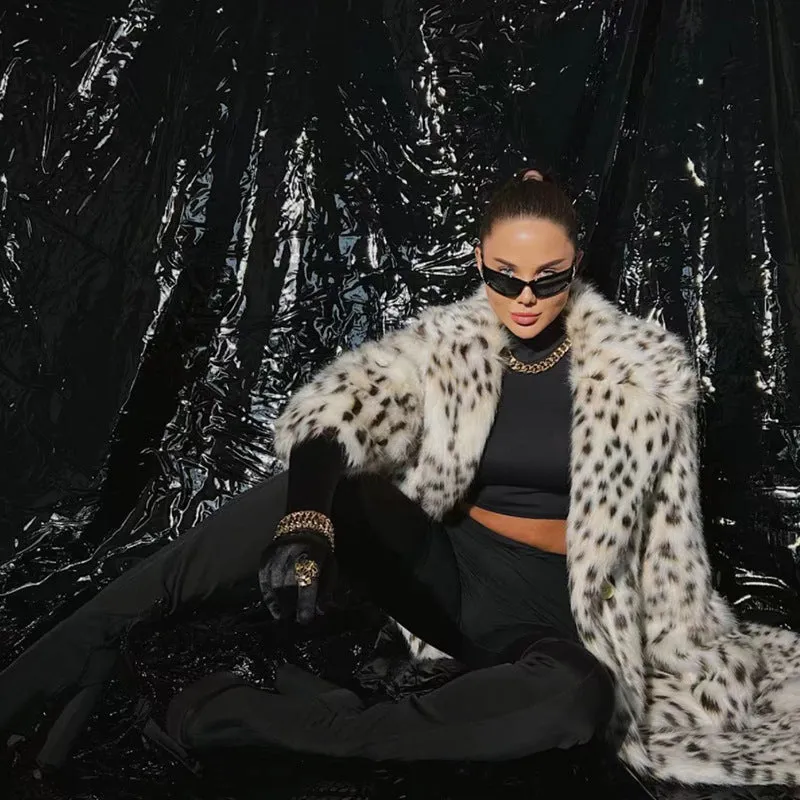 Elegant Leopard Print Faux Fur Coat – Belted Mid-Length Animal Print Winter Jacket