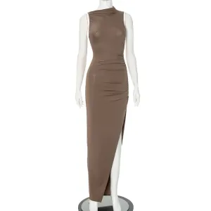 Elegant Solid Color Asymmetric High-Split Cocktail Dress