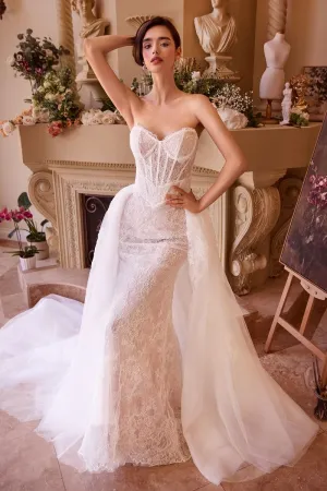 FITTED LACE WEDDING DRESS & REMOVABLE OVERSKIRT CDWL044