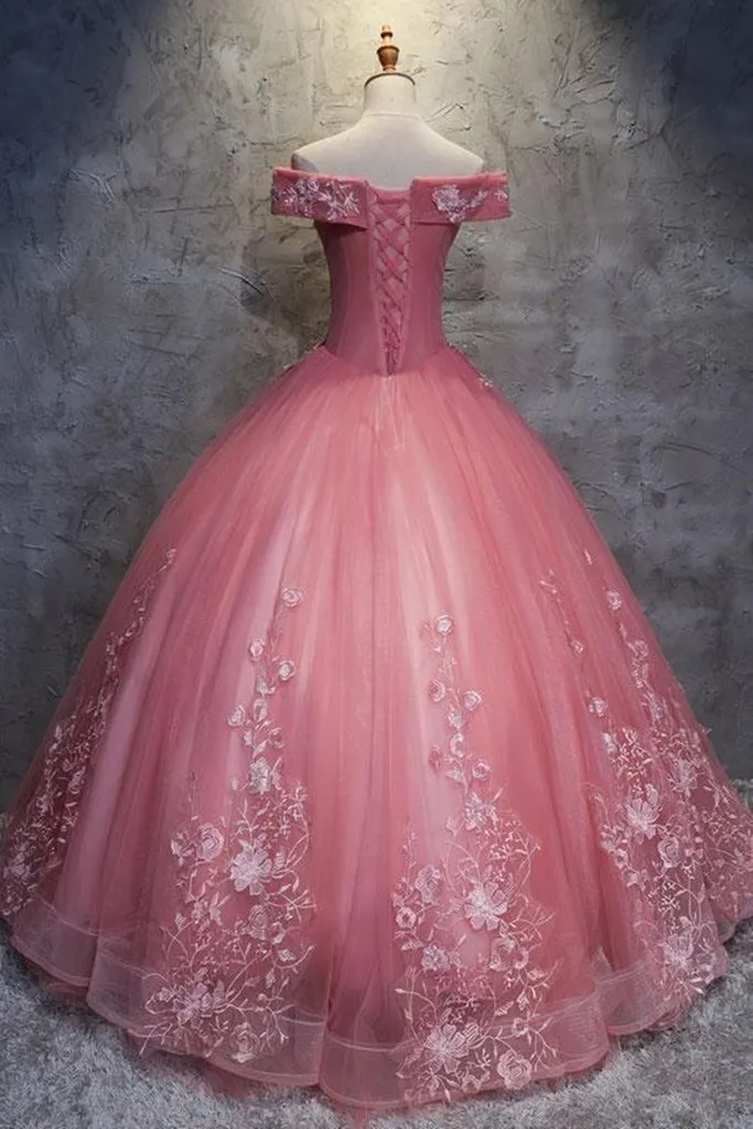 Gorgeous Off the Shoulder Pink Lace Appliques Long Prom Dress, Off Shoulder Pink Formal Dress, Pink Evening Dress, Ball Gown M2819