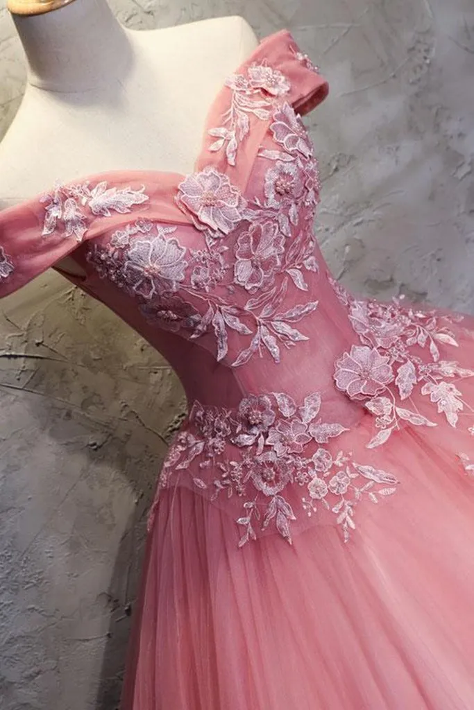 Gorgeous Off the Shoulder Pink Lace Appliques Long Prom Dress, Off Shoulder Pink Formal Dress, Pink Evening Dress, Ball Gown M2819