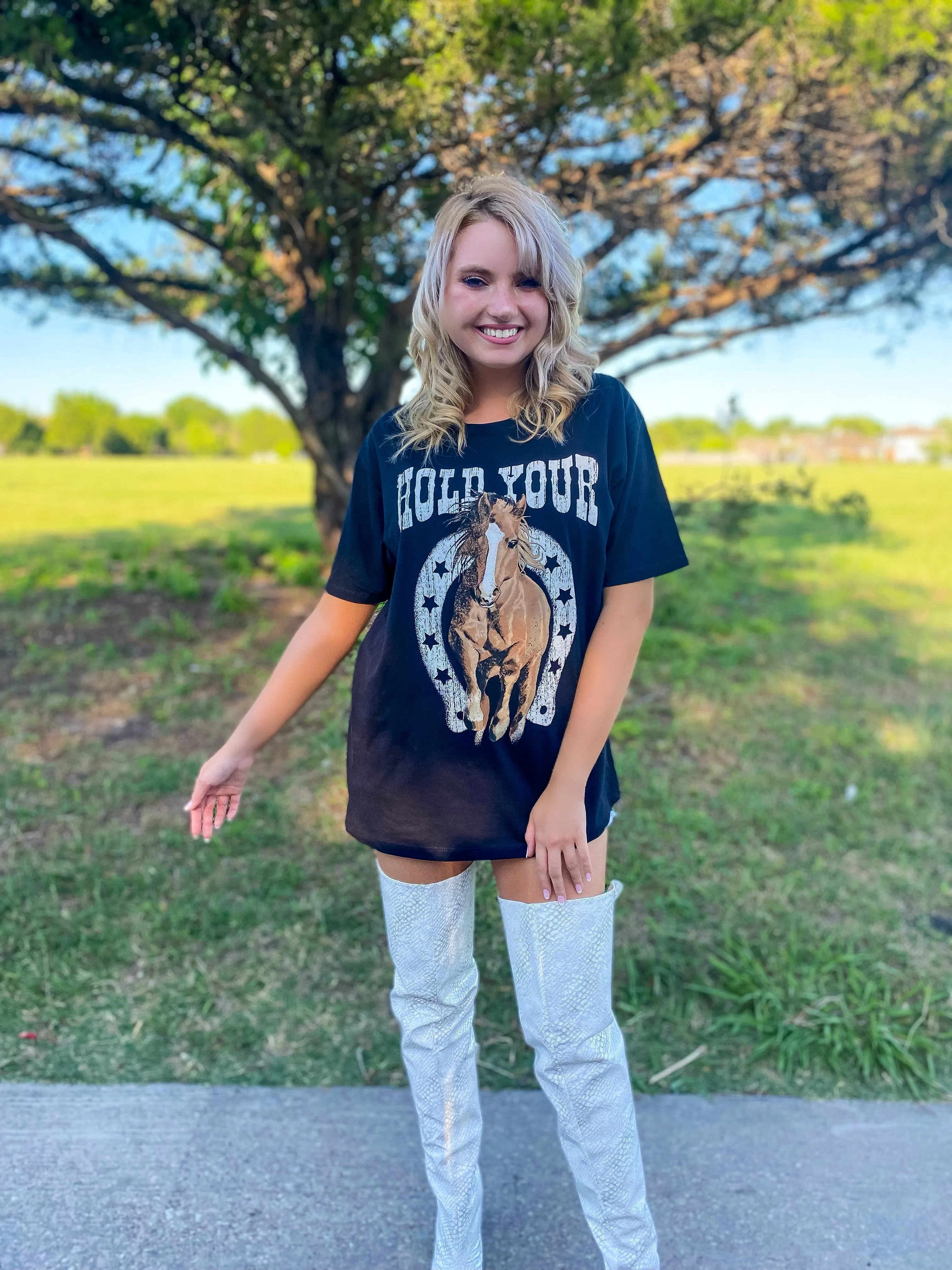 Hold Your Horses Graphic Boyfriend Tee/Dress - Black