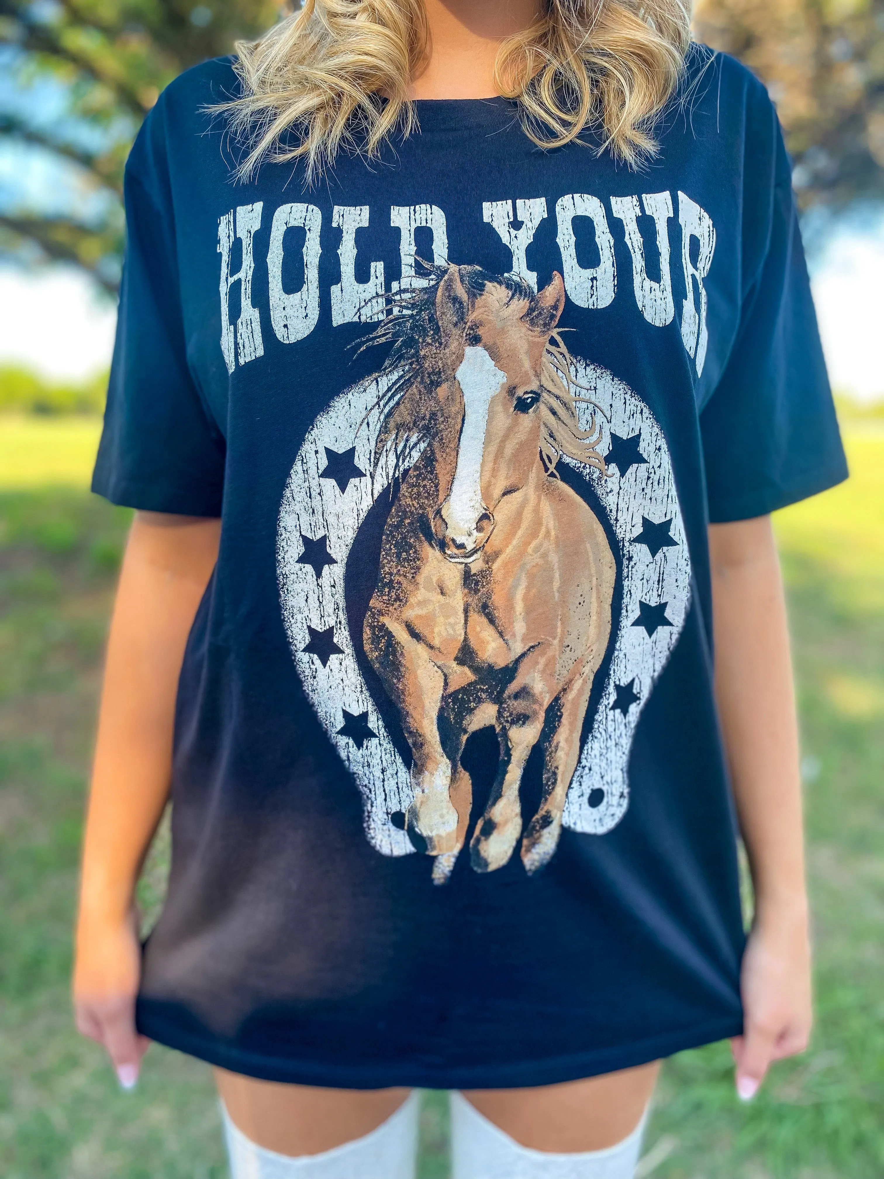 Hold Your Horses Graphic Boyfriend Tee/Dress - Black
