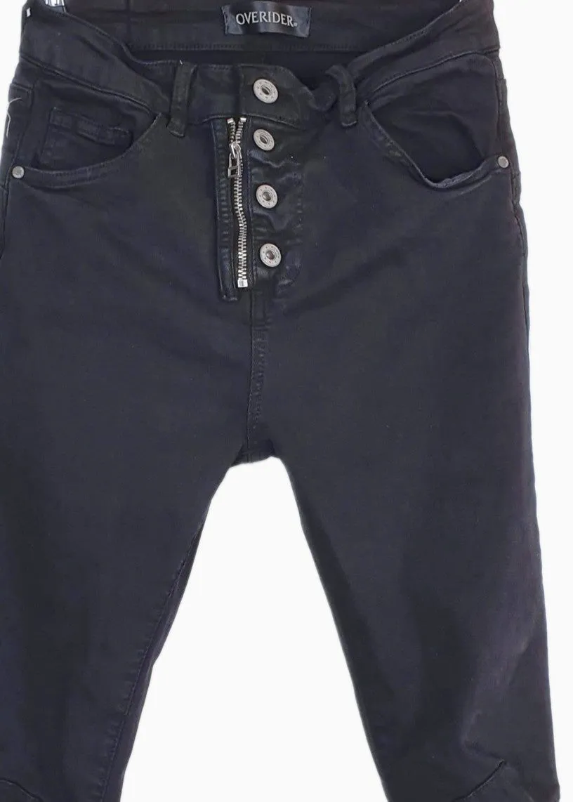 INGA 'C' - Cropped Skinny Jeans with Zip & Buttons - Black